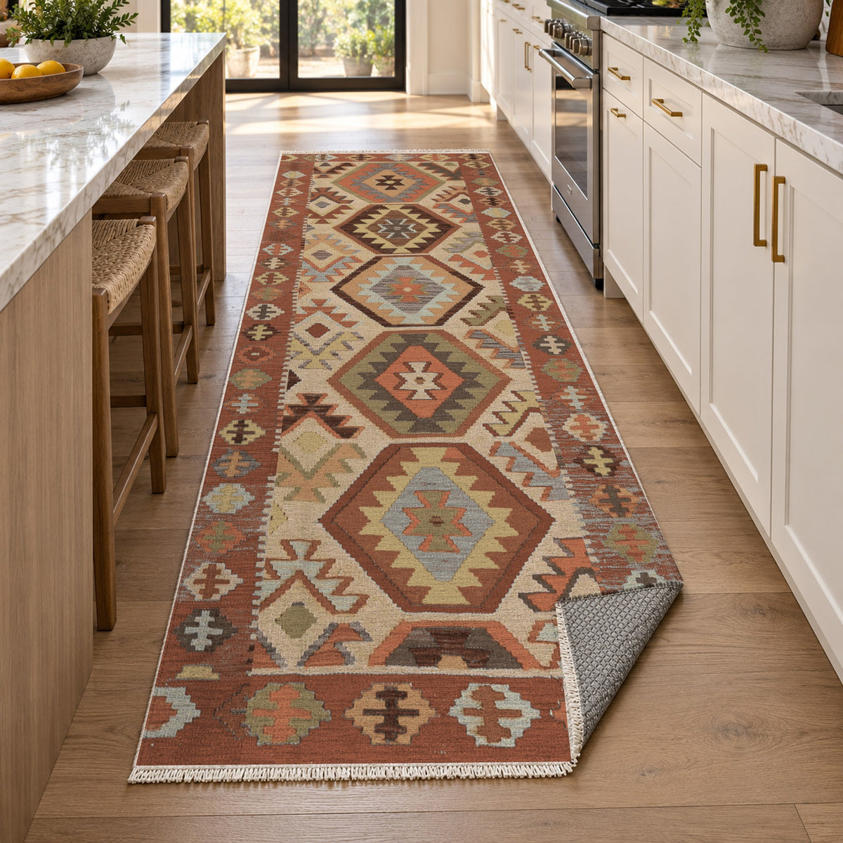 Kilim Hex Terracotta Ethnic Washable Rug — new york kitchen runner