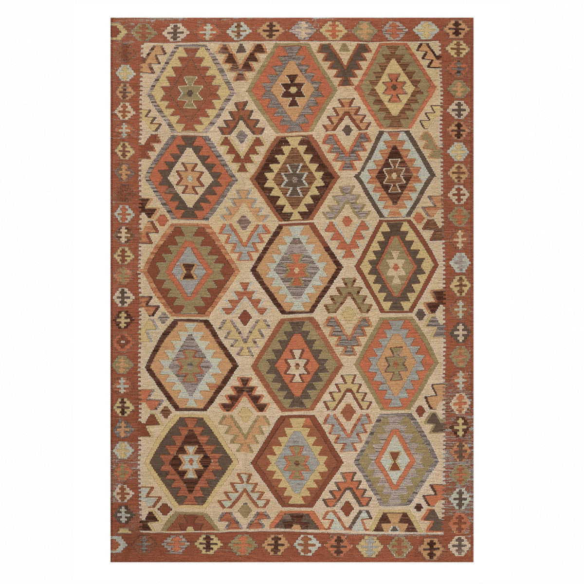 Kilim Hex Terracotta Ethnic Washable Rug — top view