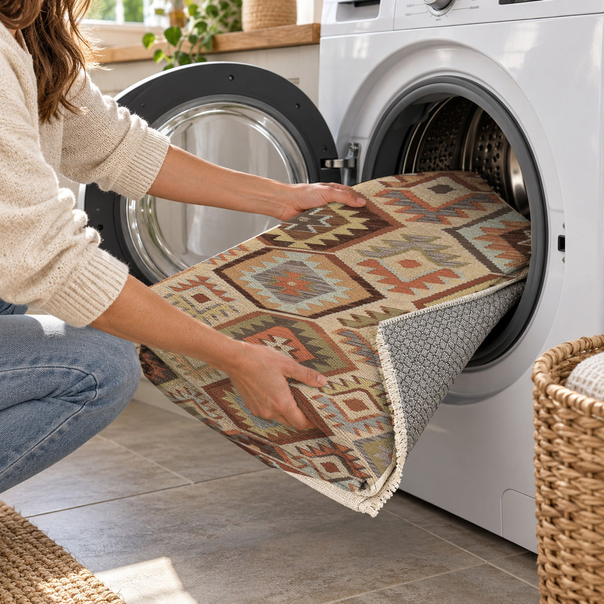 Kilim Hex Terracotta Ethnic Washable Rug — washing machine