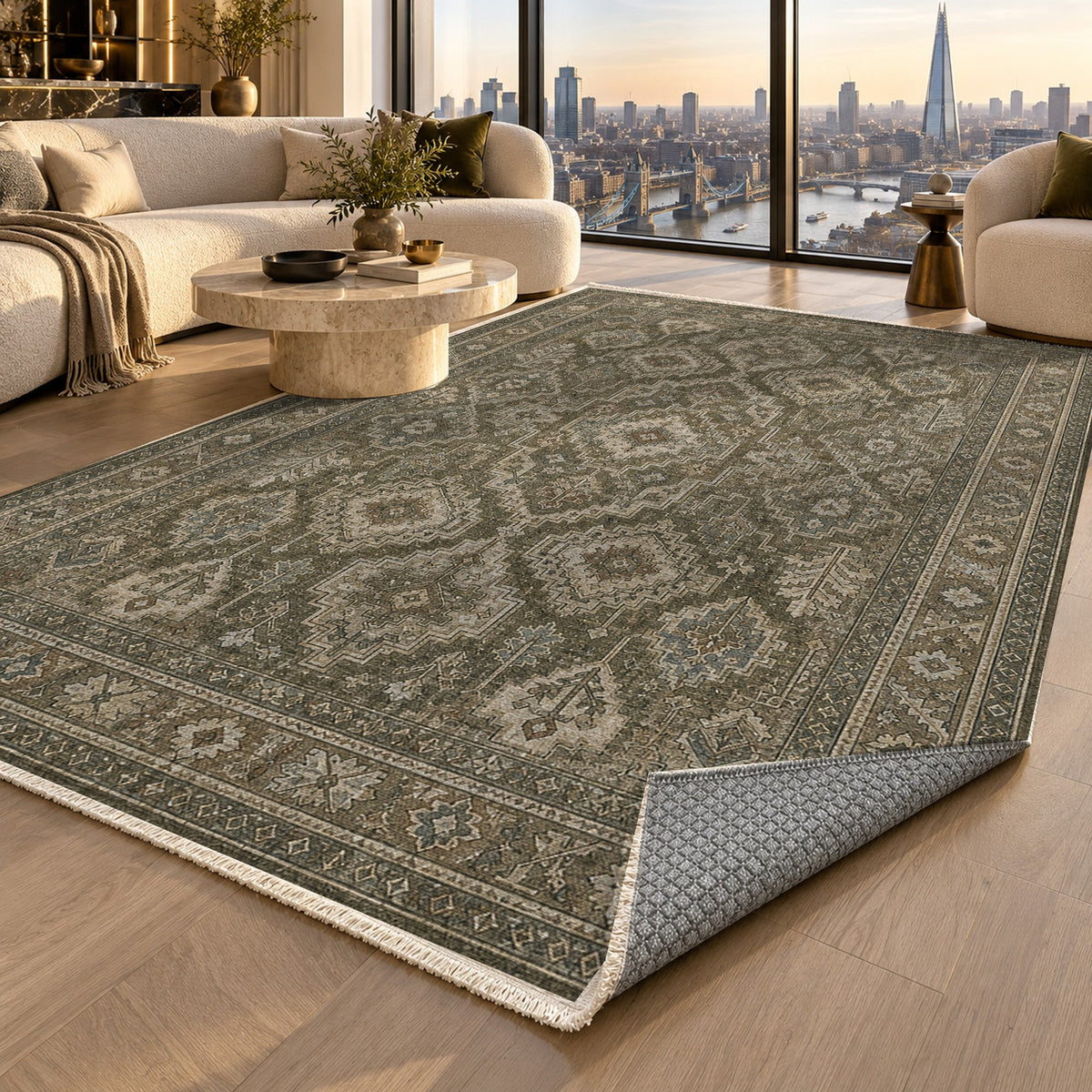Lattice Slate Geometric Washable Rug — london luxury living