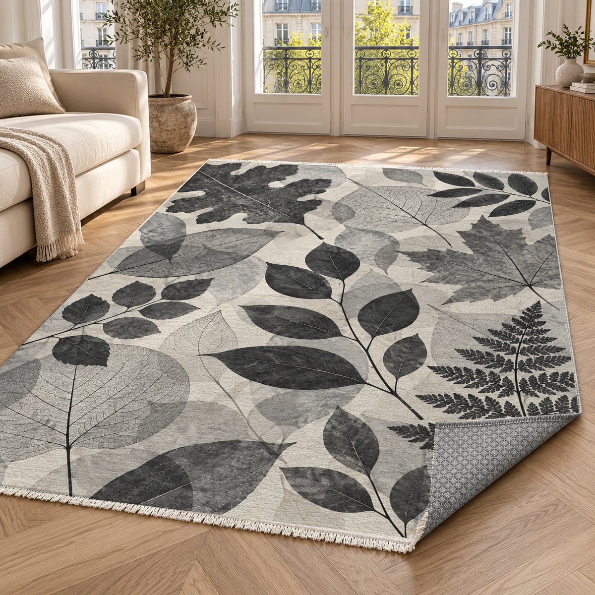 Leaf Impressions Charcoal Floral Washable Rug — paris living