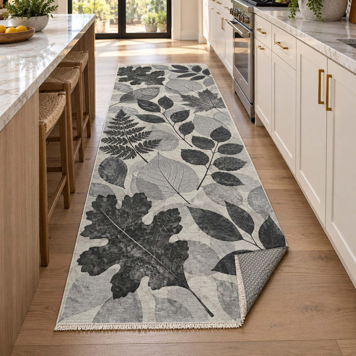 Leaf Impressions Charcoal Floral Washable Rug — new york kitchen runner