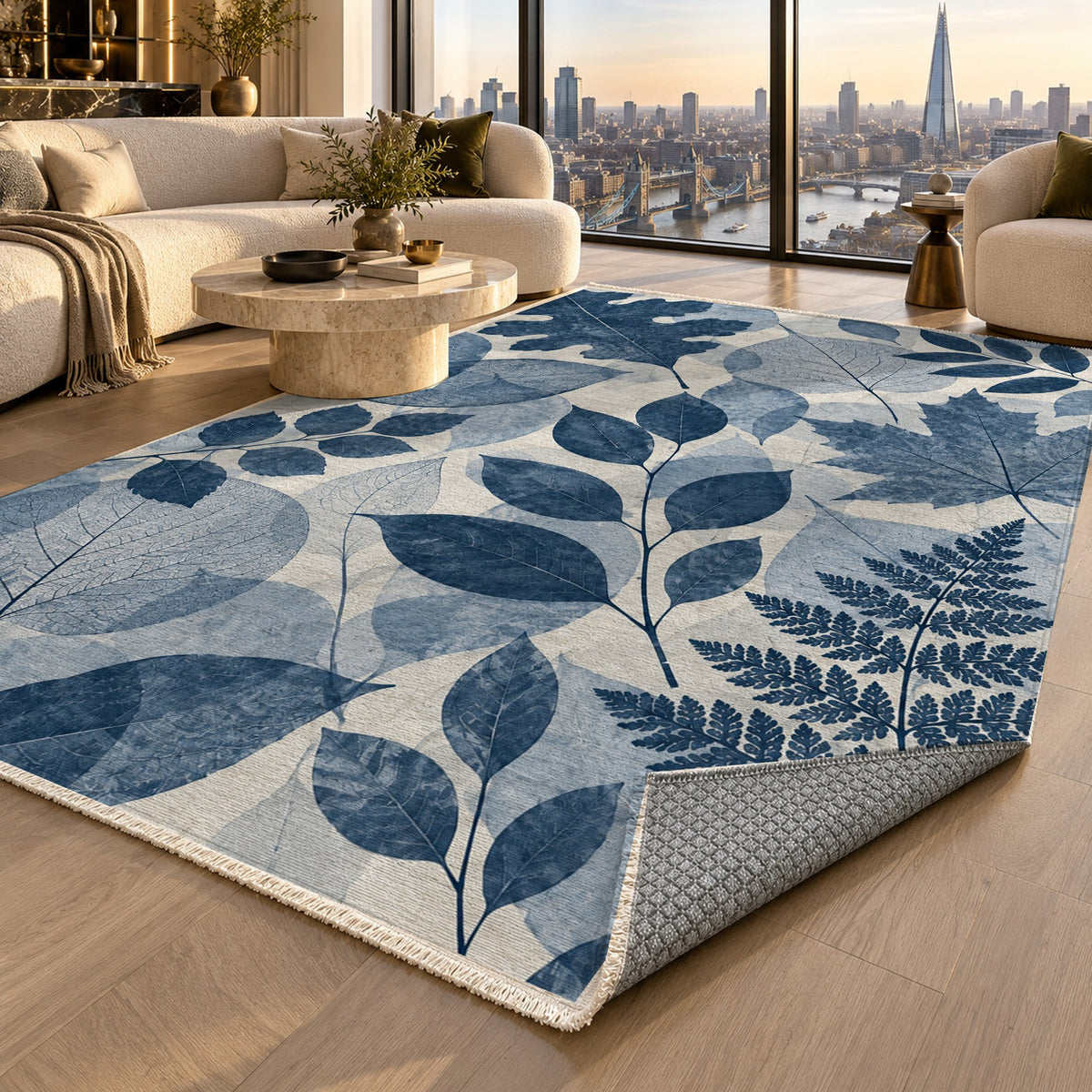Leaf Impressions Indigo Floral Washable Rug — london luxury living
