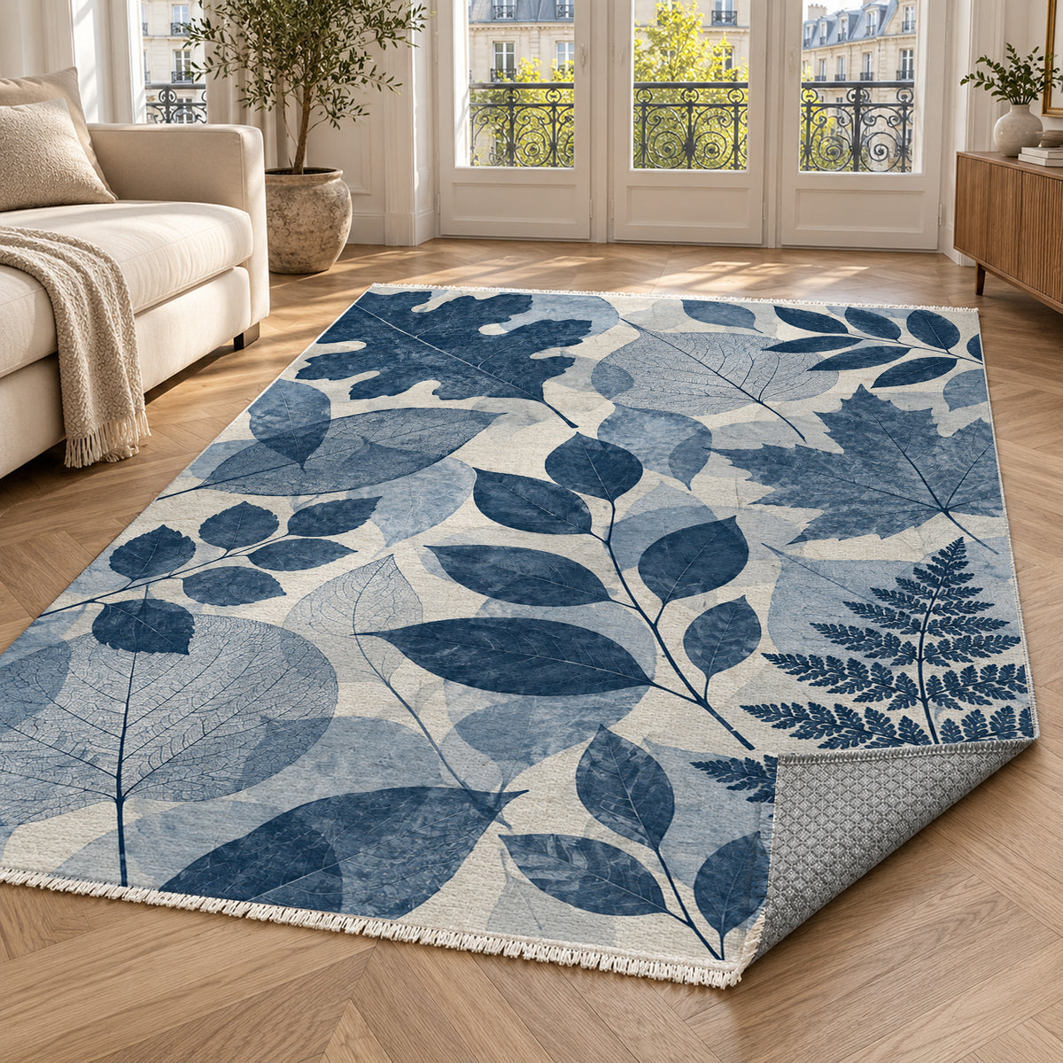 Leaf Impressions Indigo Floral Washable Rug — paris living