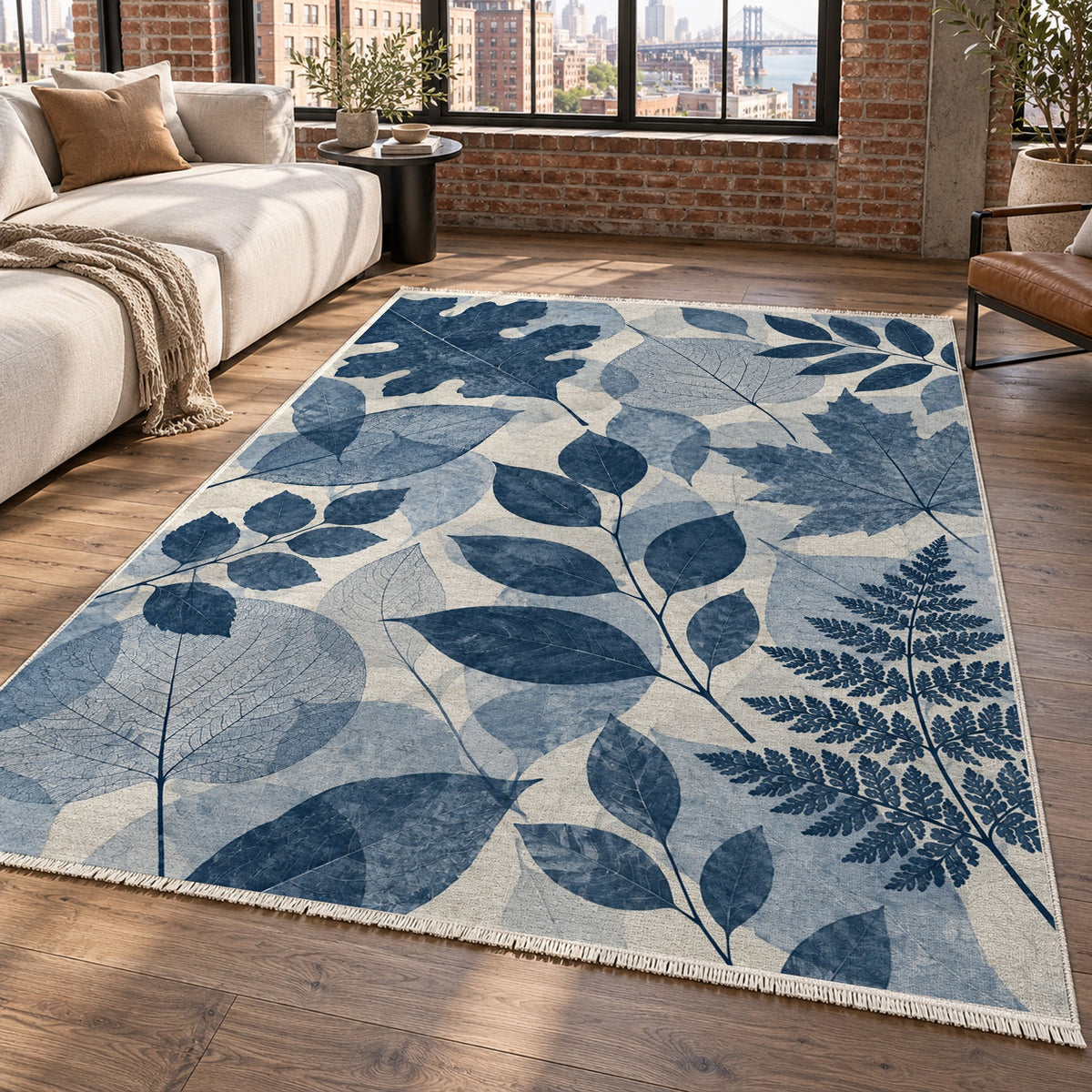Leaf Impressions Indigo Floral Washable Rug — new york living