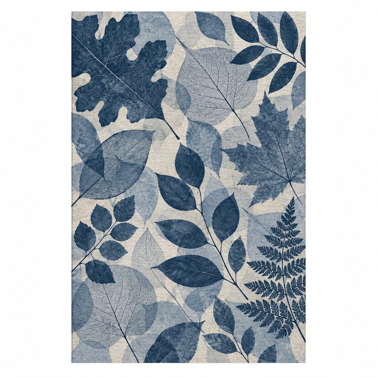 Leaf Impressions Indigo Floral Washable Rug — top view
