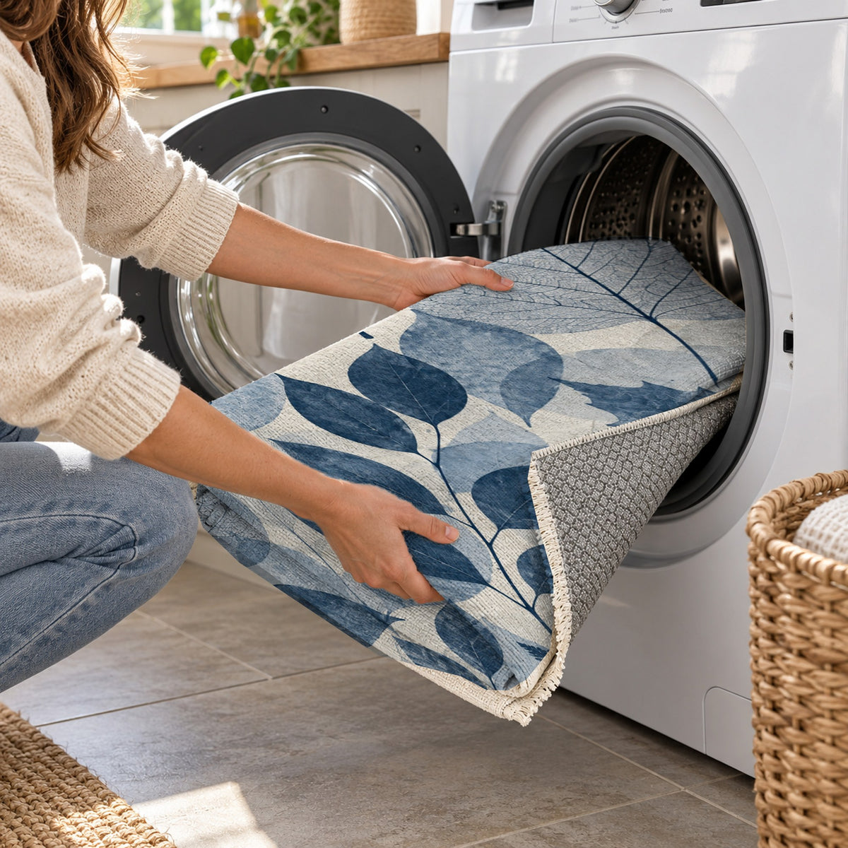 Leaf Impressions Indigo Floral Washable Rug — washing machine