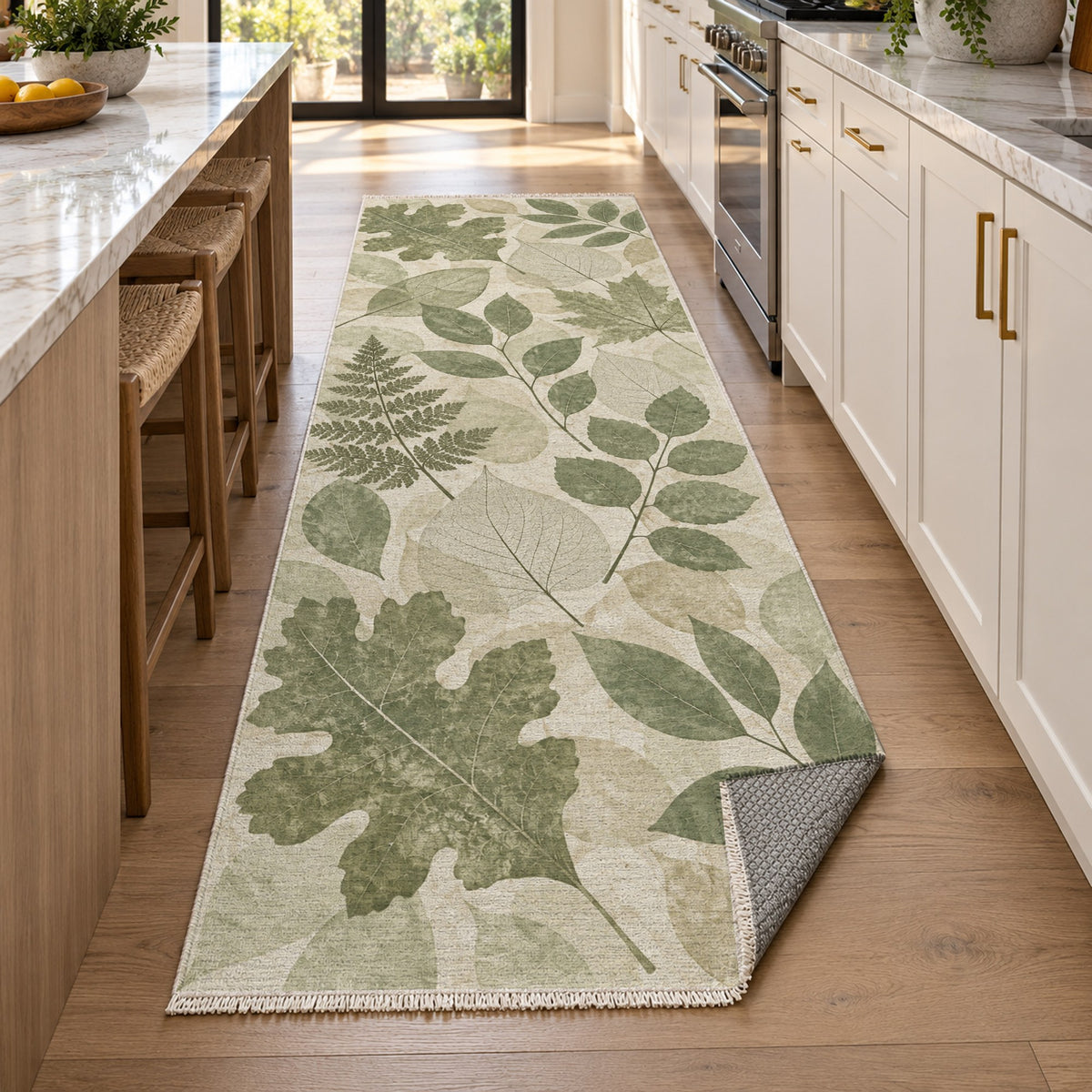 Leaf Impressions Sage Floral Washable Rug — new york kitchen runner