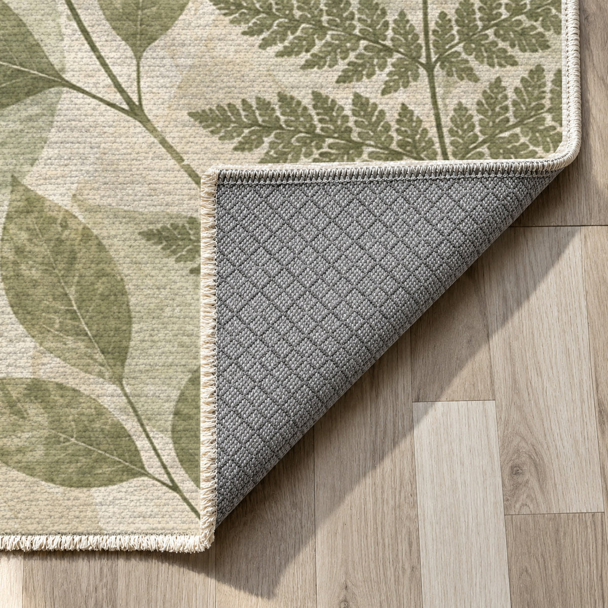 Leaf Impressions Sage Floral Washable Rug — backing close up