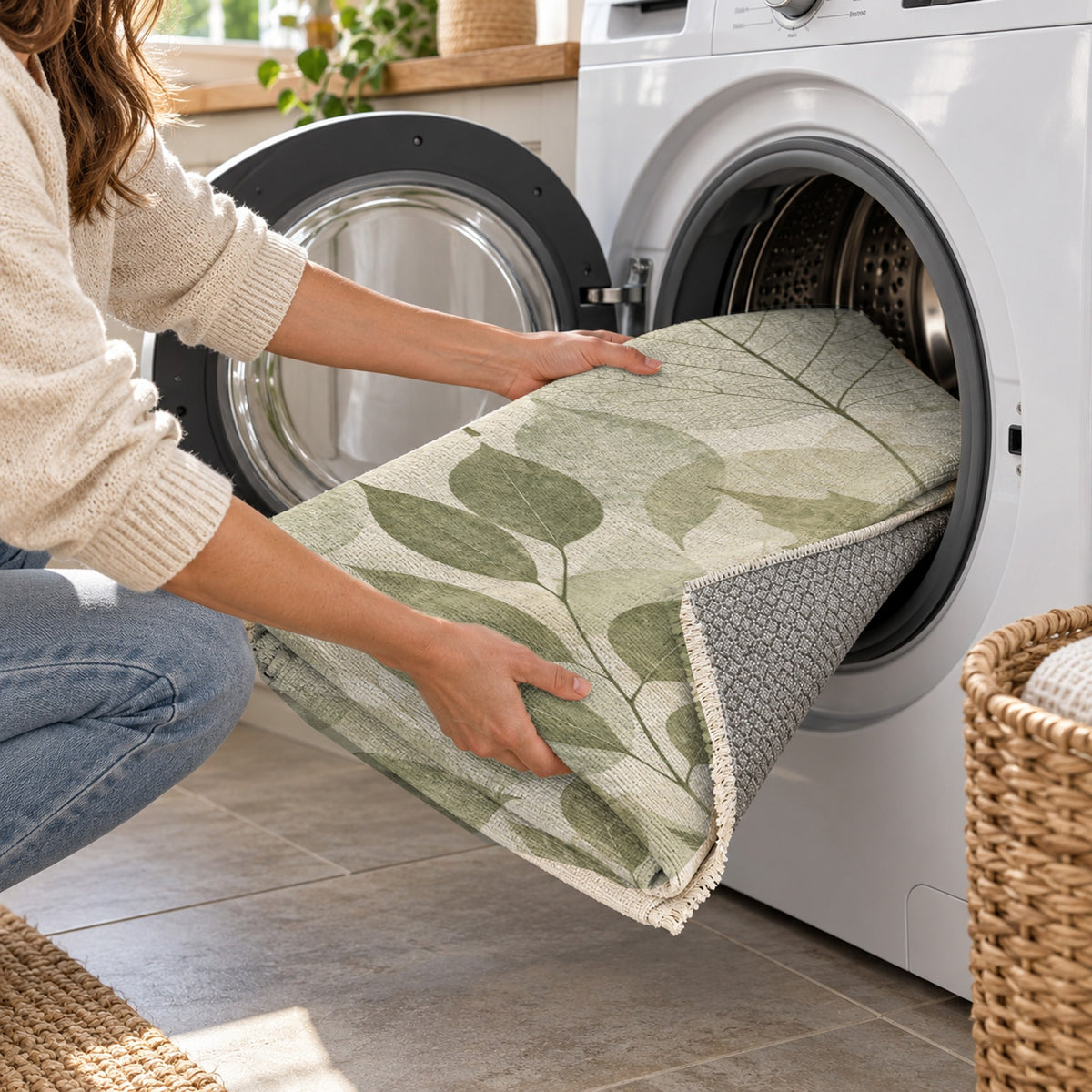 Leaf Impressions Sage Floral Washable Rug — washing machine