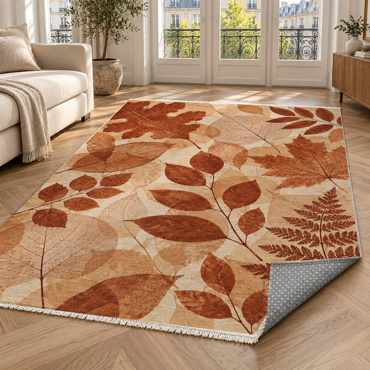 Leaf Impressions Terracotta Floral Washable Rug — paris living