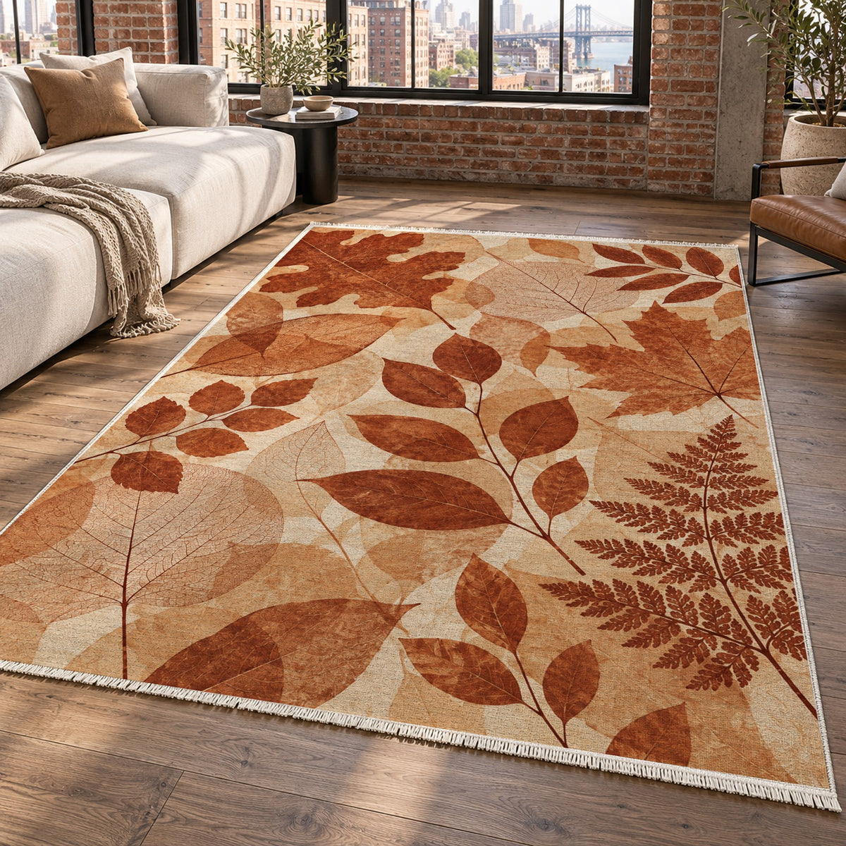 Leaf Impressions Terracotta Floral Washable Rug — new york living