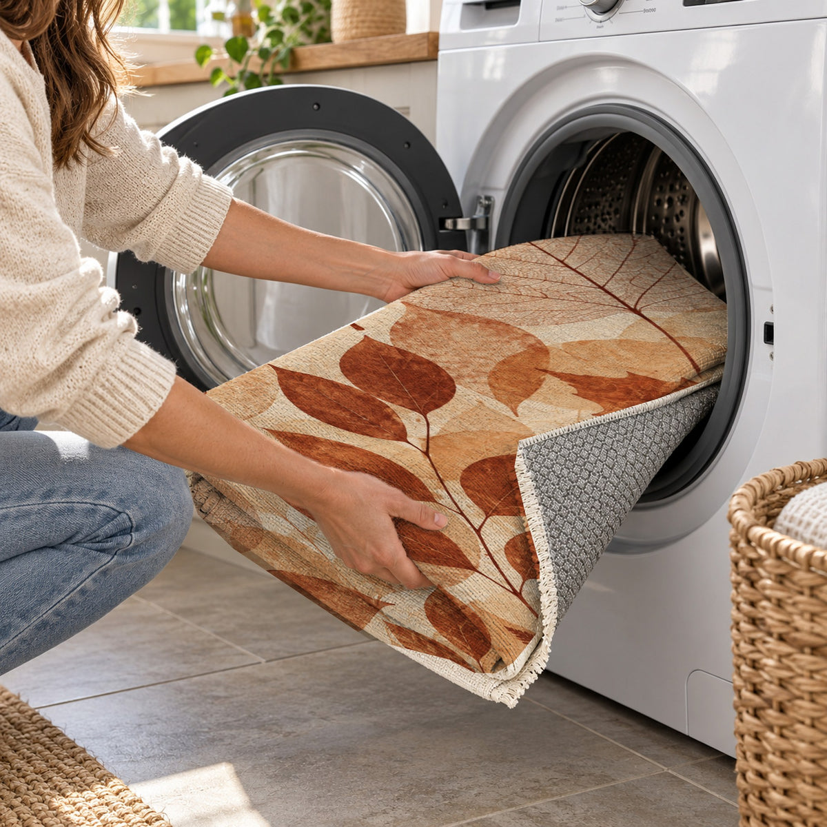 Leaf Impressions Terracotta Floral Washable Rug — washing machine