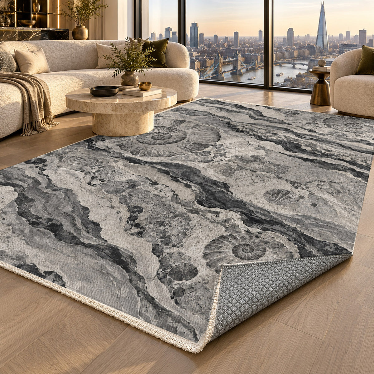 Limestone Fossils Charcoal Abstract Washable Rug — london luxury living
