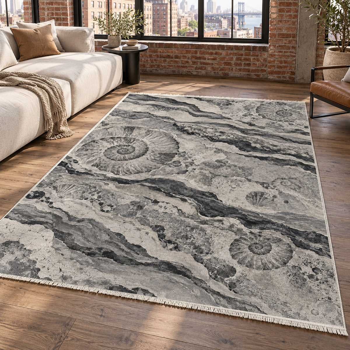 Limestone Fossils Charcoal Abstract Washable Rug — new york living