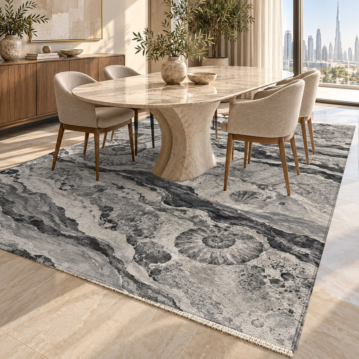 Limestone Fossils Charcoal Abstract Washable Rug — dubai dining