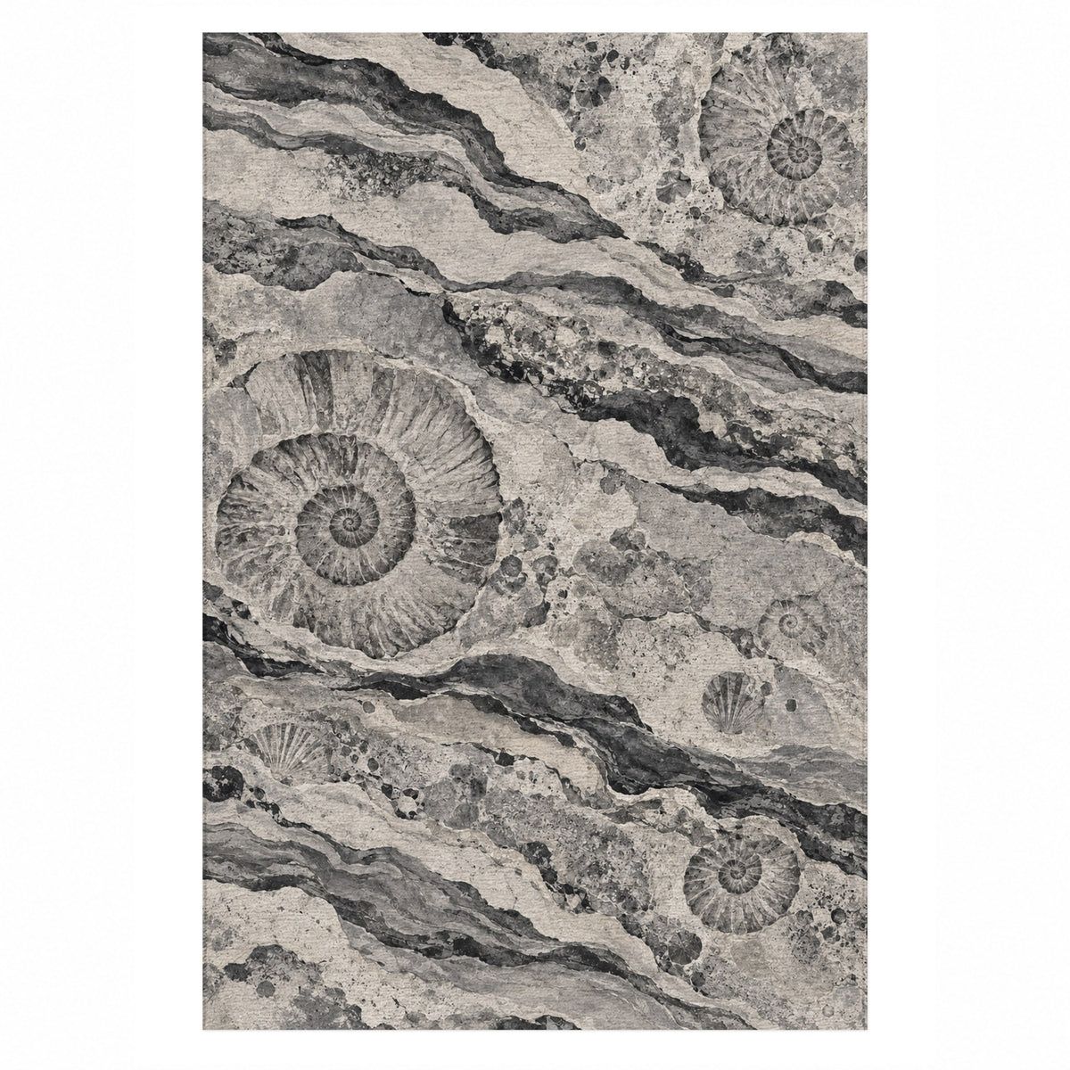 Limestone Fossils Charcoal Abstract Washable Rug — top view
