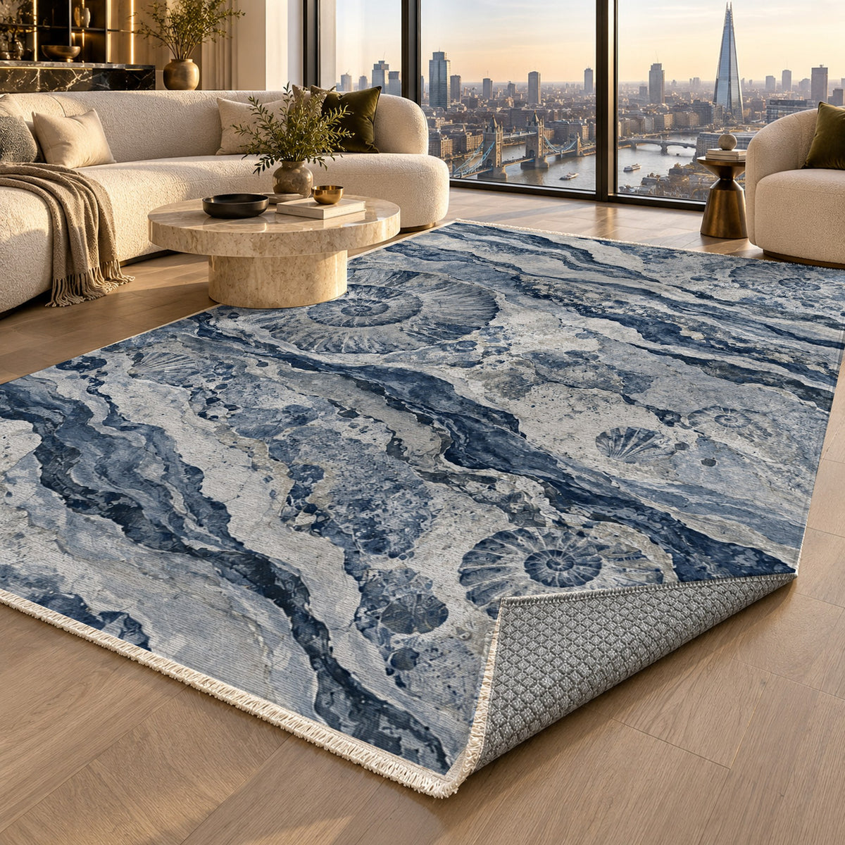 Limestone Fossils Indigo Abstract Washable Rug — london luxury living