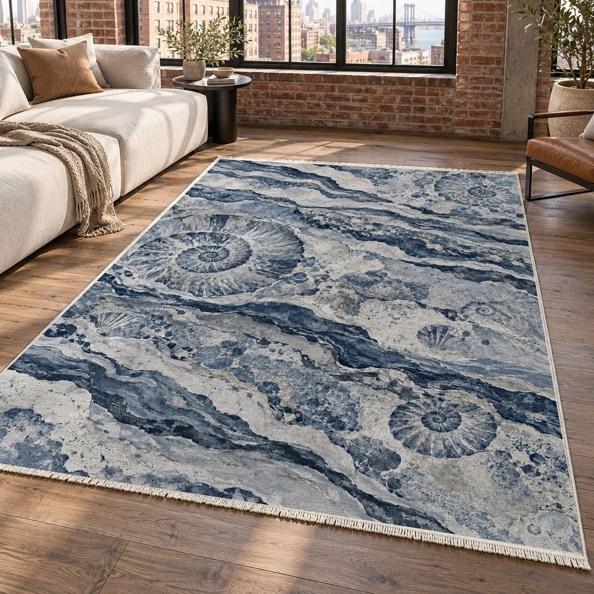 Limestone Fossils Indigo Abstract Washable Rug — new york living