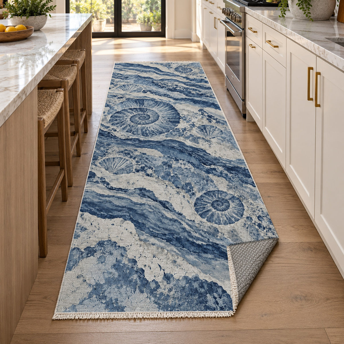 Limestone Fossils Indigo Abstract Washable Rug — new york kitchen runner