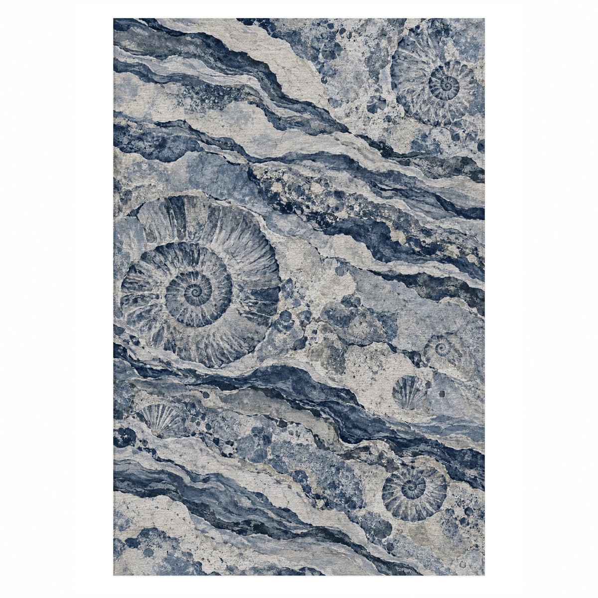 Limestone Fossils Indigo Abstract Washable Rug — top view