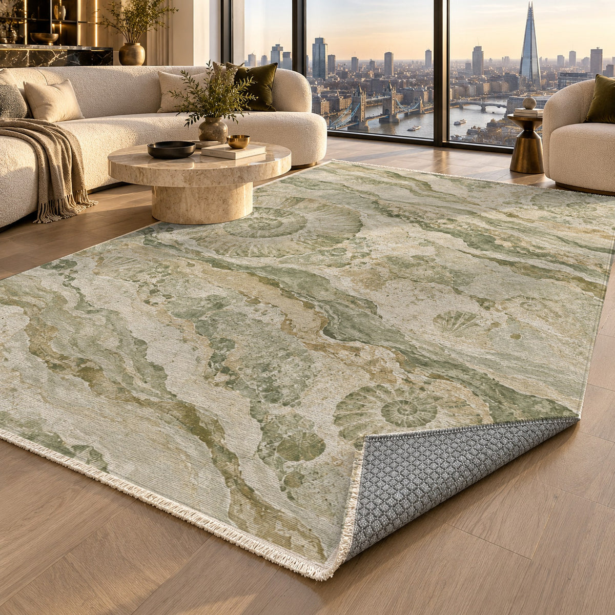 Limestone Fossils Sage Abstract Washable Rug — london luxury living