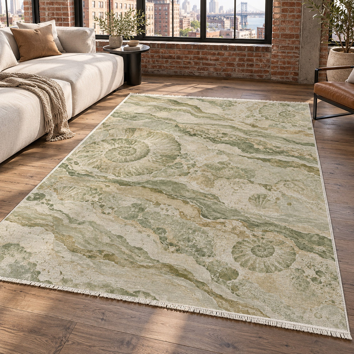 Limestone Fossils Sage Abstract Washable Rug — new york living