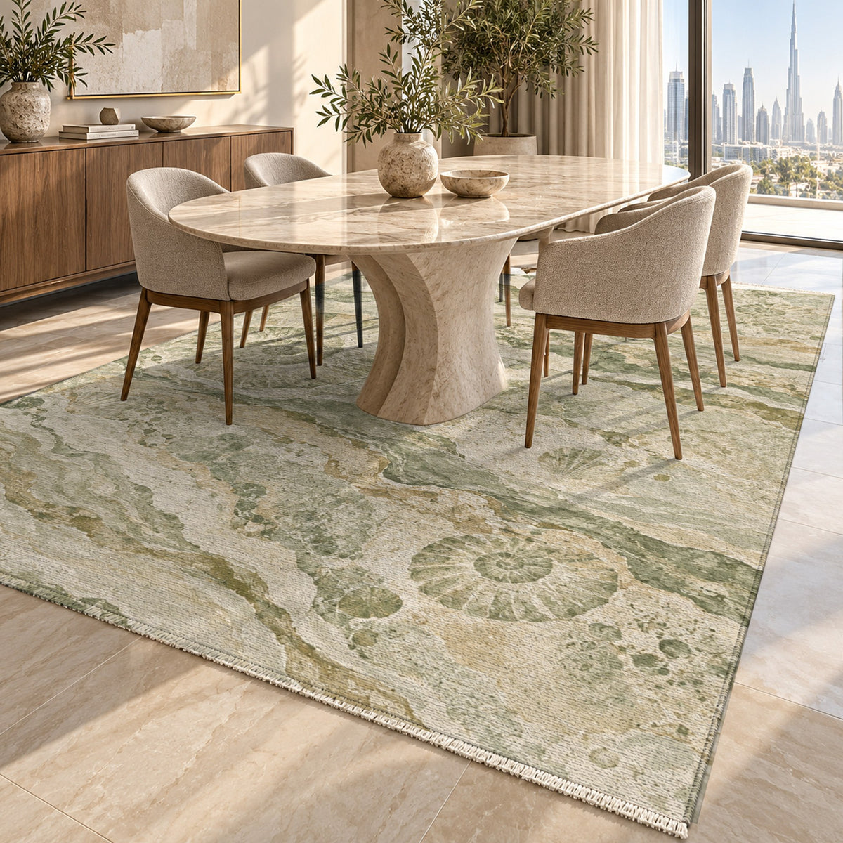 Limestone Fossils Sage Abstract Washable Rug — dubai dining