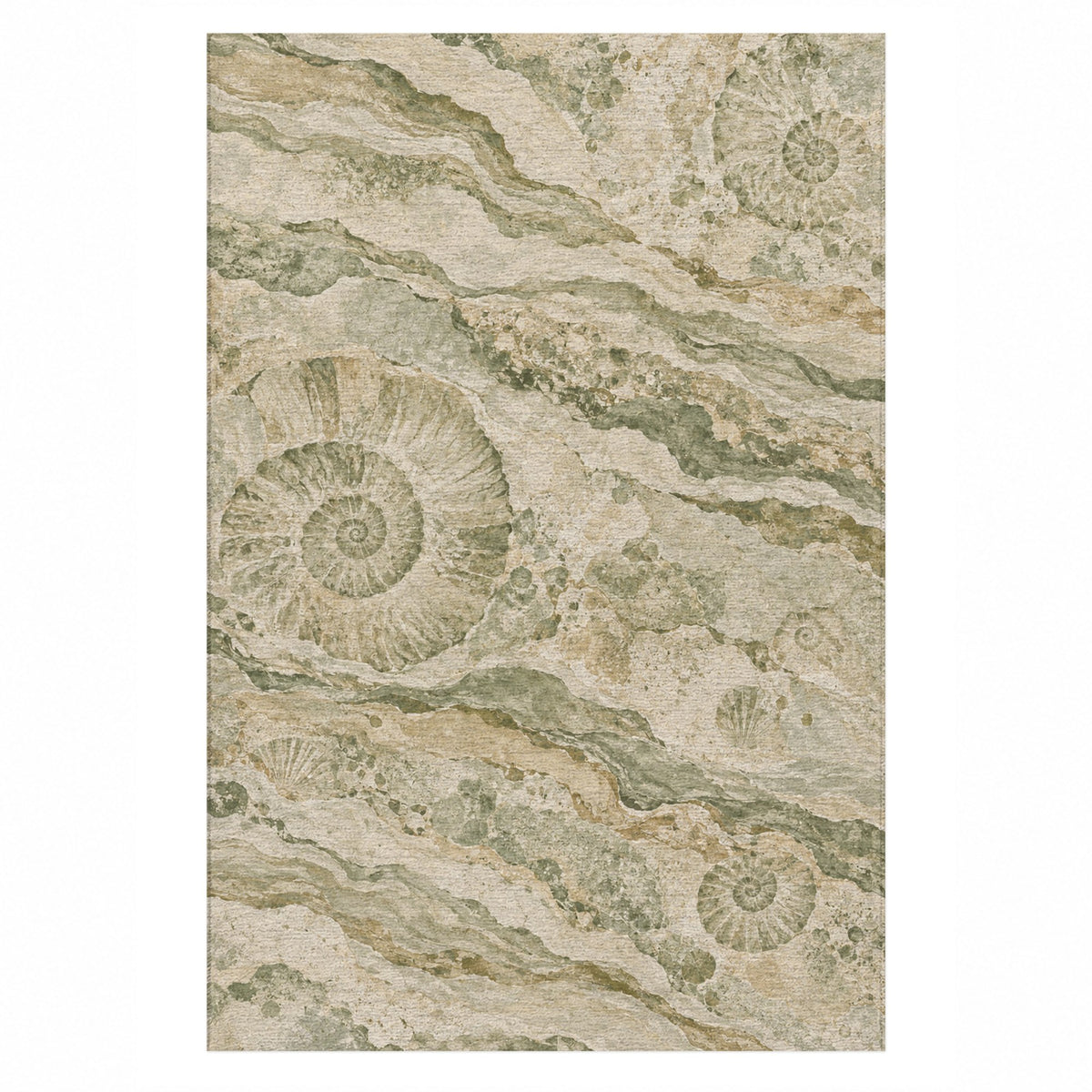 Limestone Fossils Sage Abstract Washable Rug — top view
