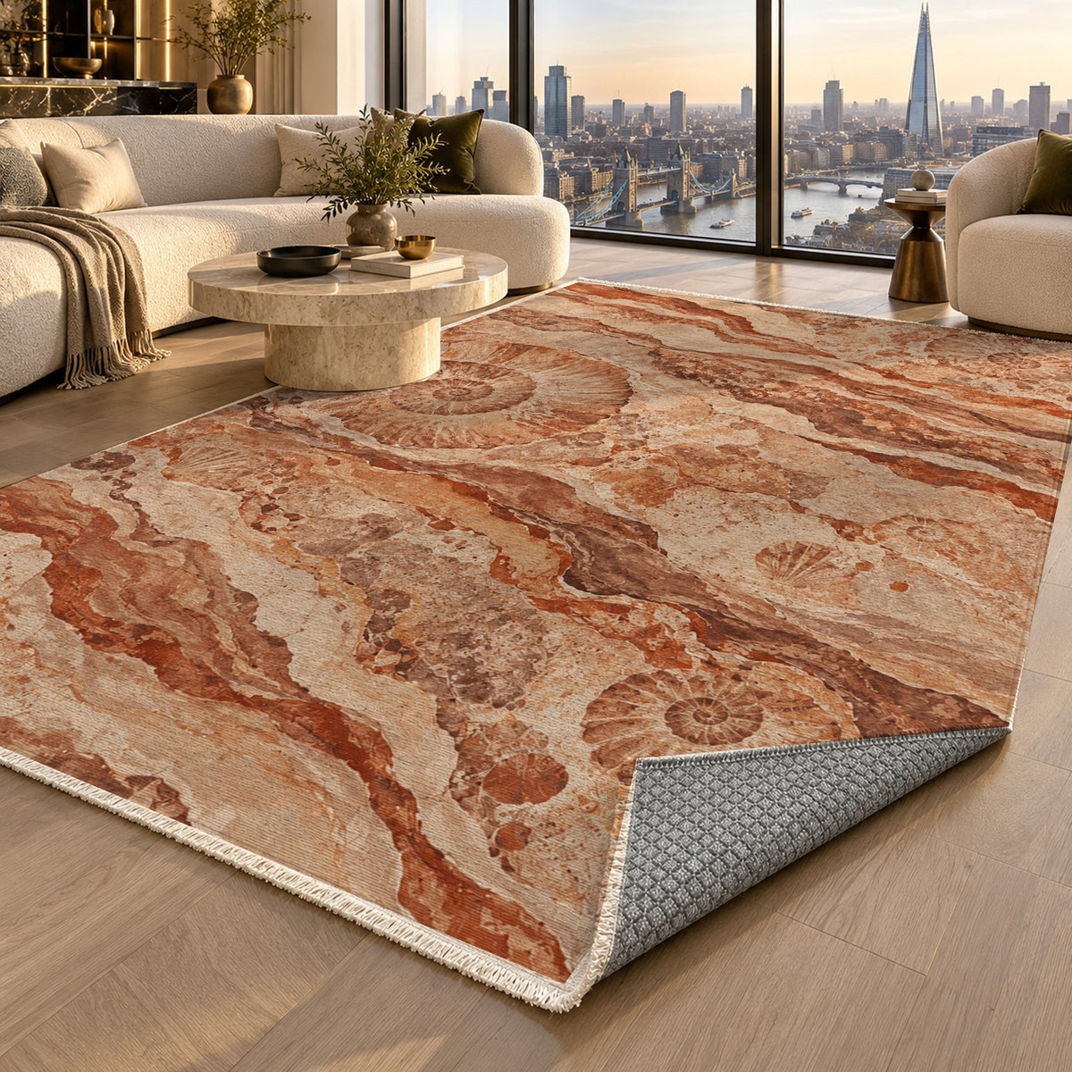 Limestone Fossils Terracotta Abstract Washable Rug — london luxury living