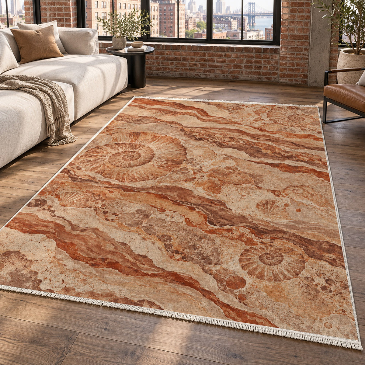 Limestone Fossils Terracotta Abstract Washable Rug — new york living