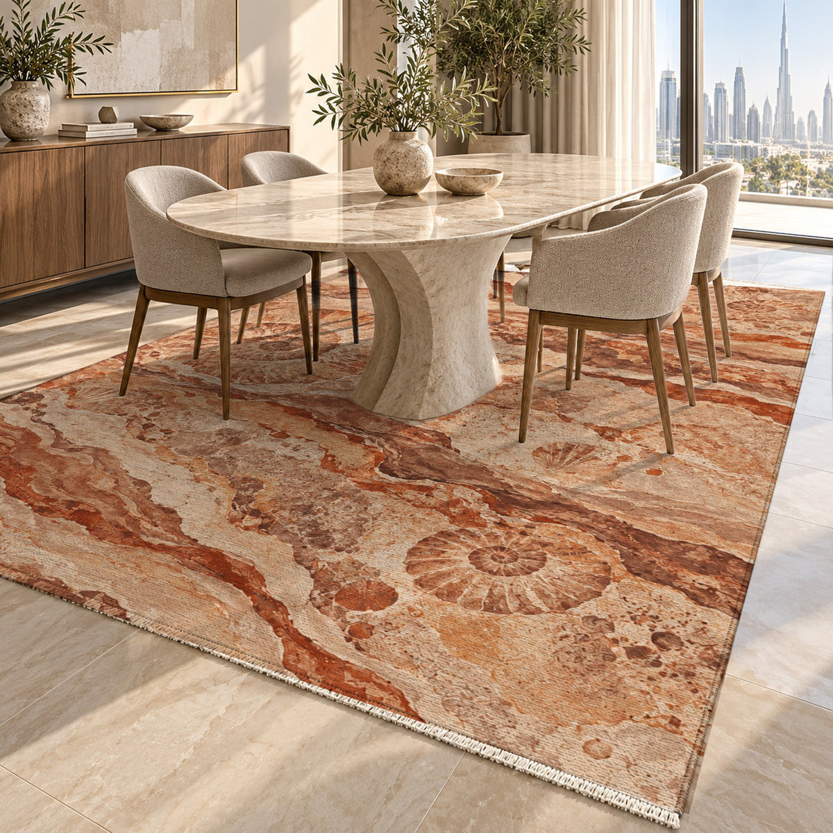 Limestone Fossils Terracotta Abstract Washable Rug — dubai dining