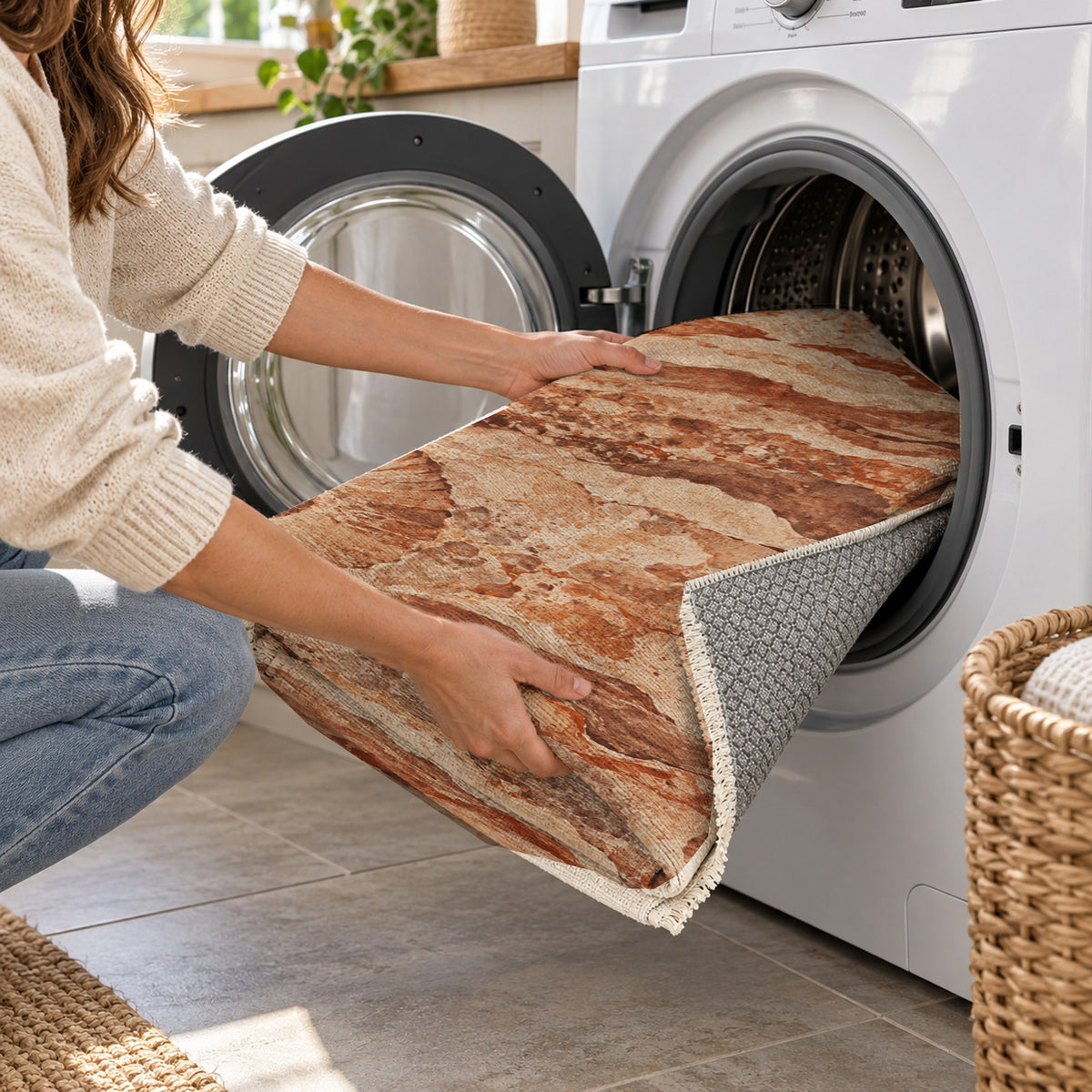 Limestone Fossils Terracotta Abstract Washable Rug — washing machine