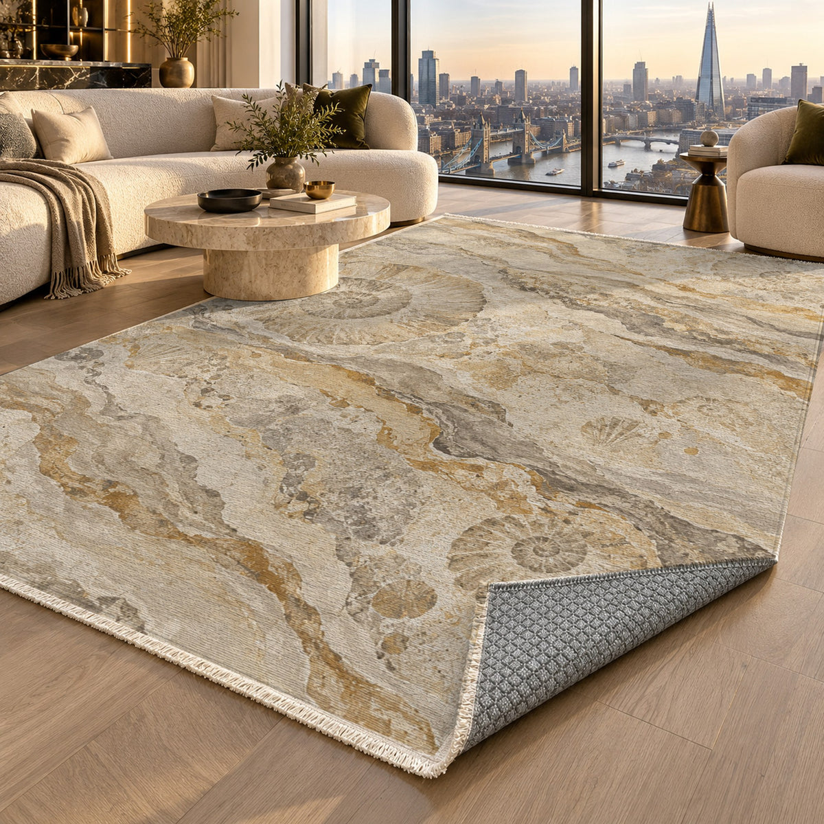 Limestone Fossils Abstract Washable Rug — london luxury living