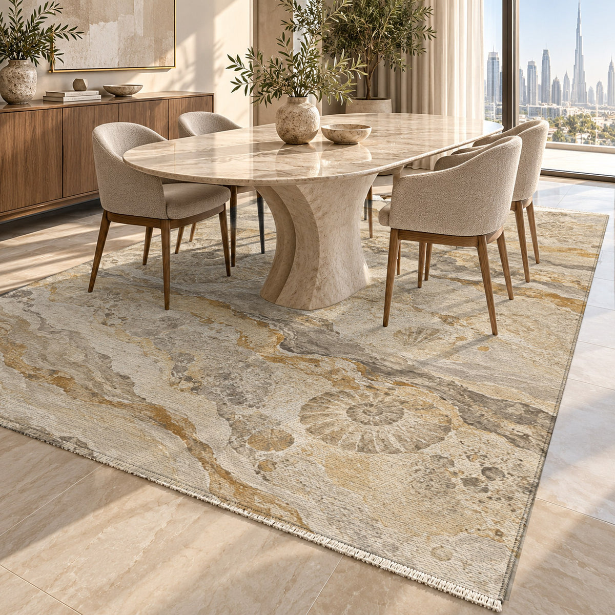 Limestone Fossils Abstract Washable Rug — dubai dining