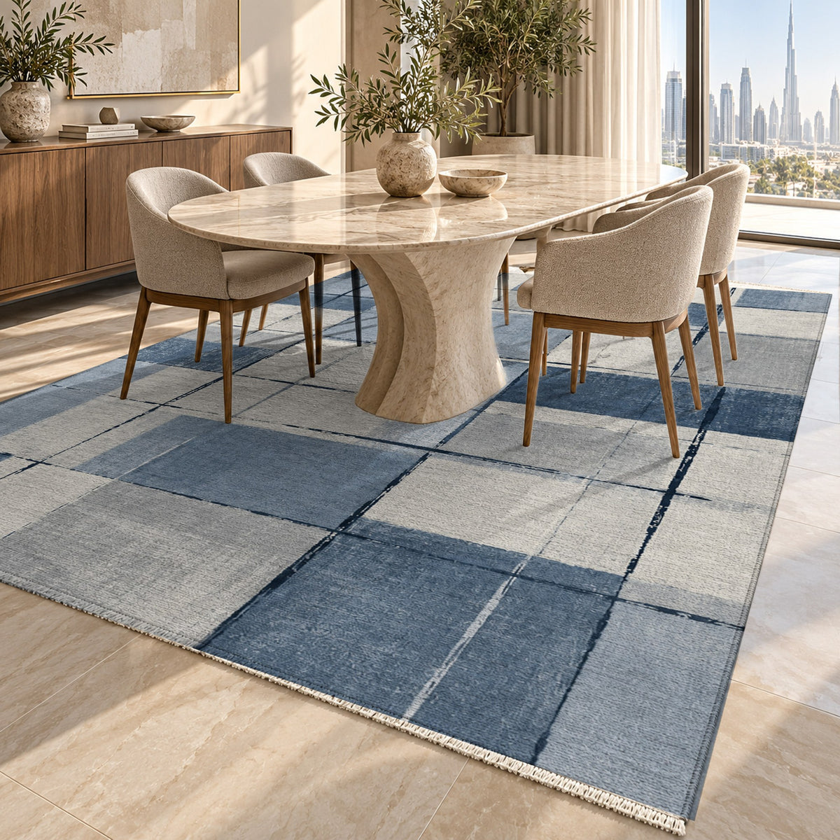 Linen Grid Blue Grey Modern Washable Rug — dubai dining