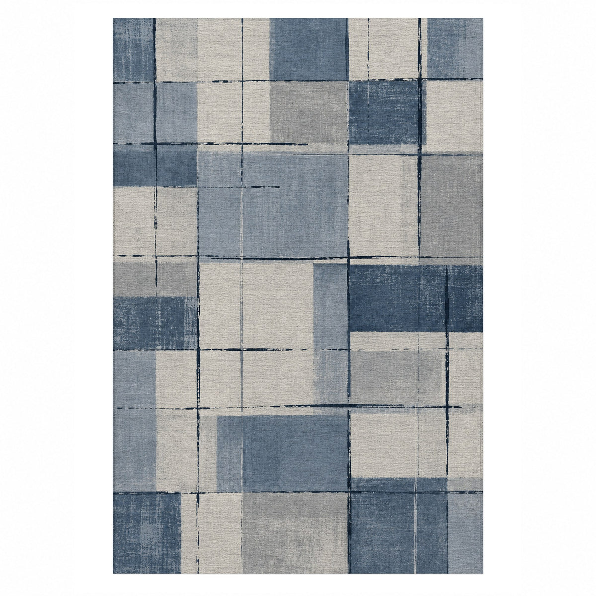Linen Grid Blue Grey Modern Washable Rug — top view