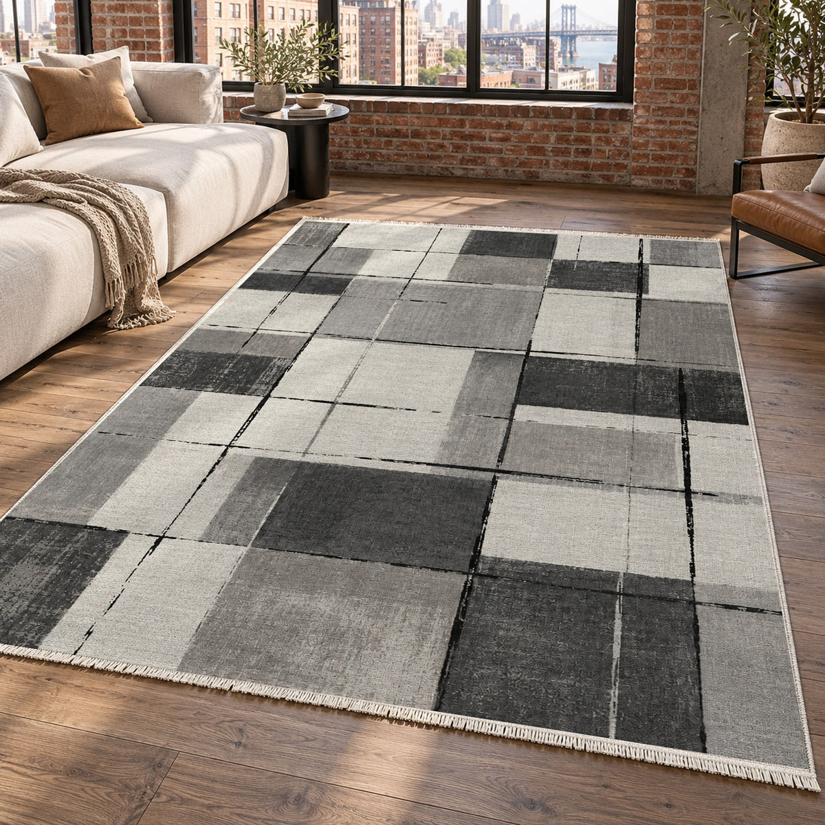 Linen Grid Charcoal Ivory Modern Washable Rug — new york living