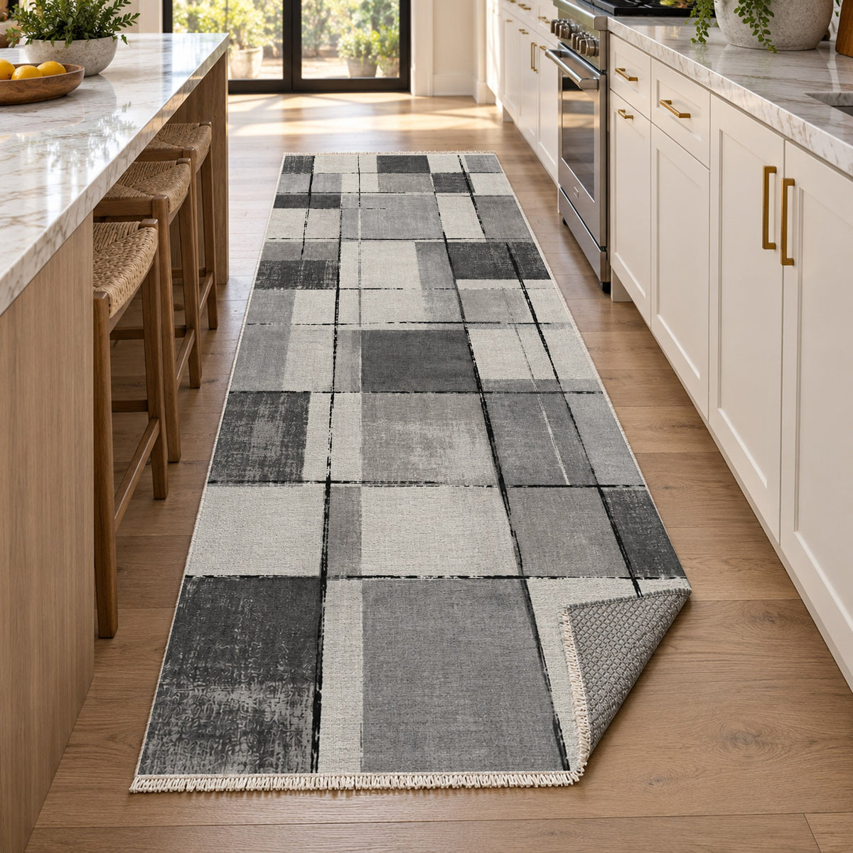 Linen Grid Charcoal Ivory Modern Washable Rug — new york kitchen runner