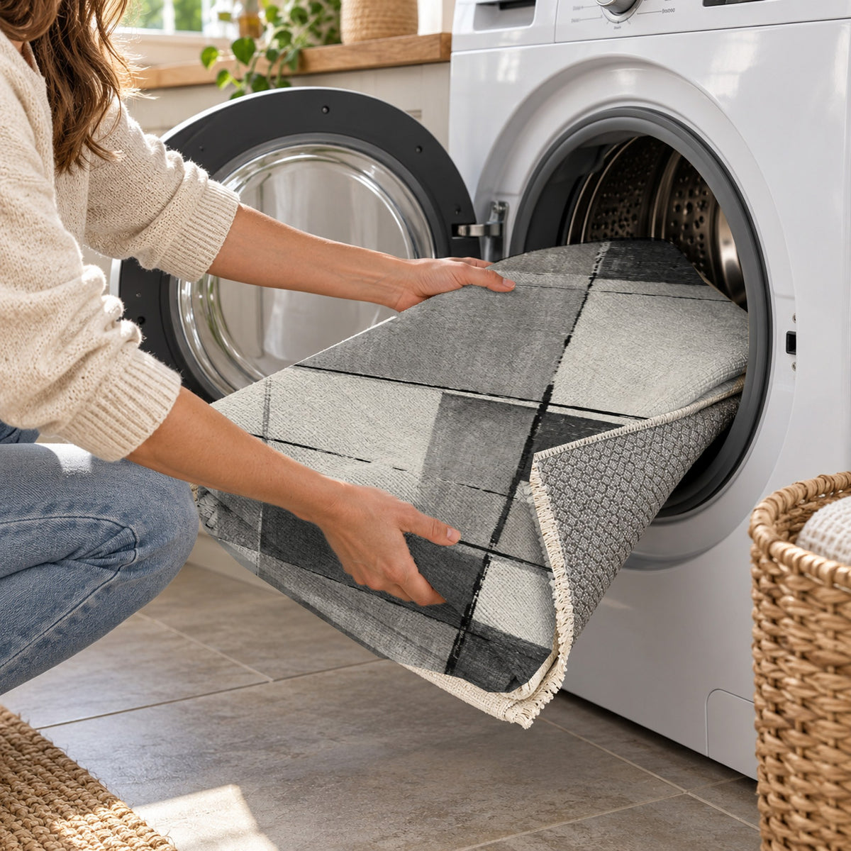 Linen Grid Charcoal Ivory Modern Washable Rug — washing machine