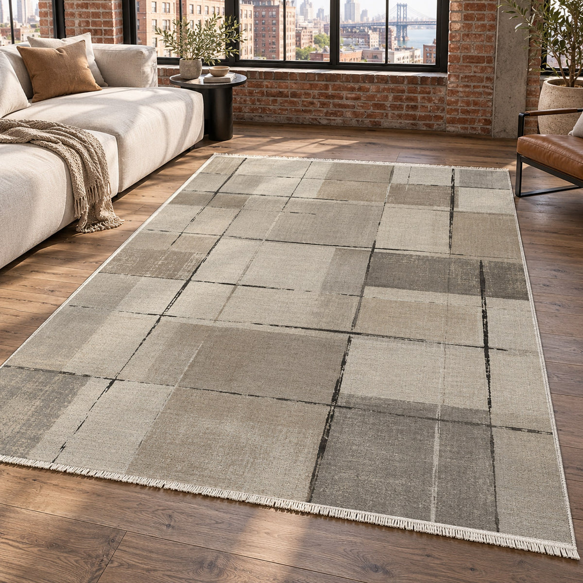 Linen Grid Ivory Taupe Modern Washable Rug — new york living