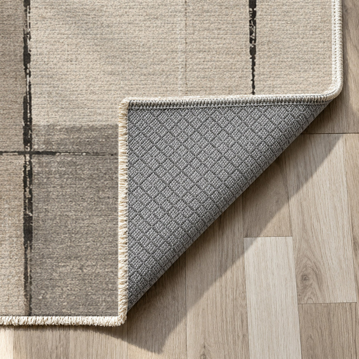 Linen Grid Ivory Taupe Modern Washable Rug — backing close up