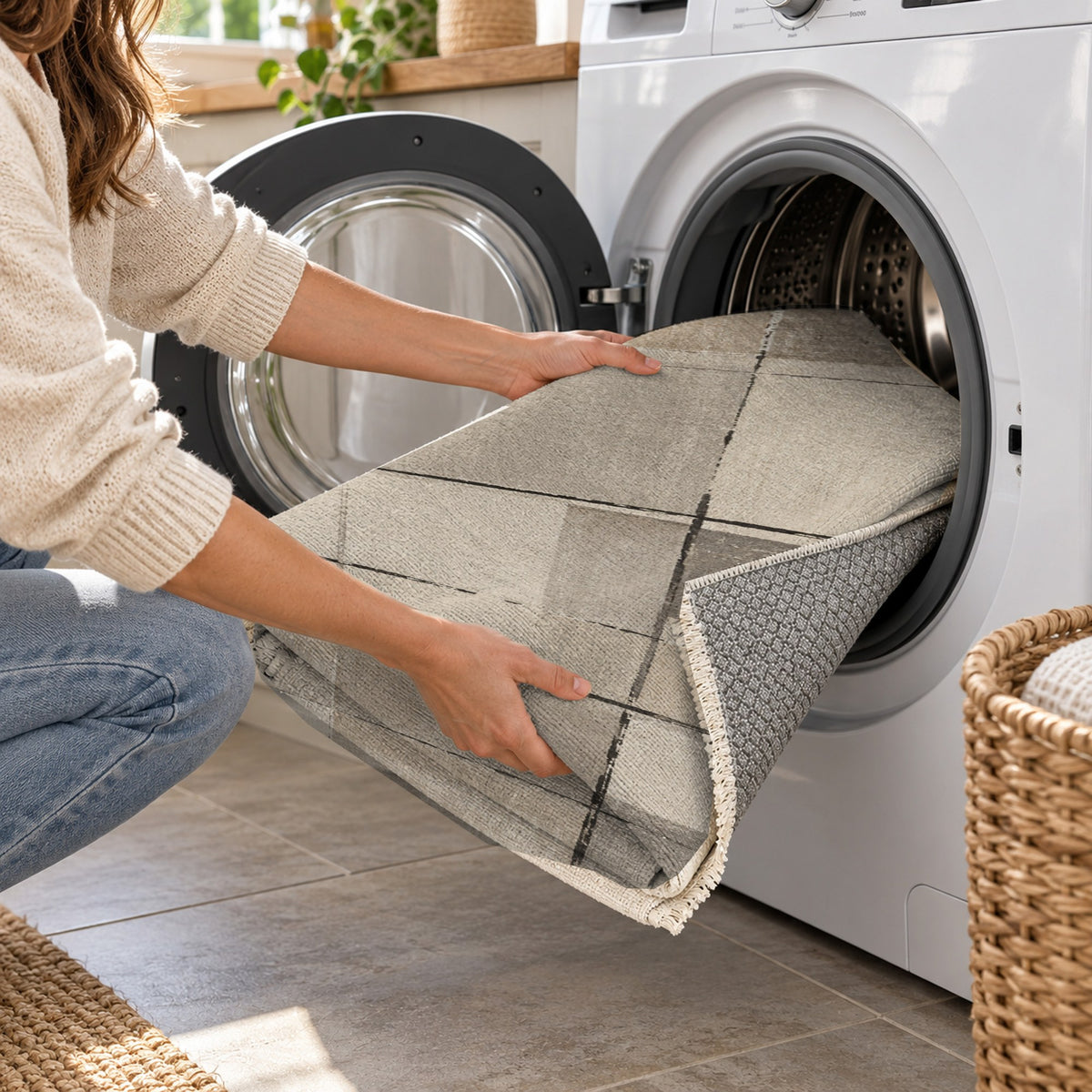Linen Grid Ivory Taupe Modern Washable Rug — washing machine