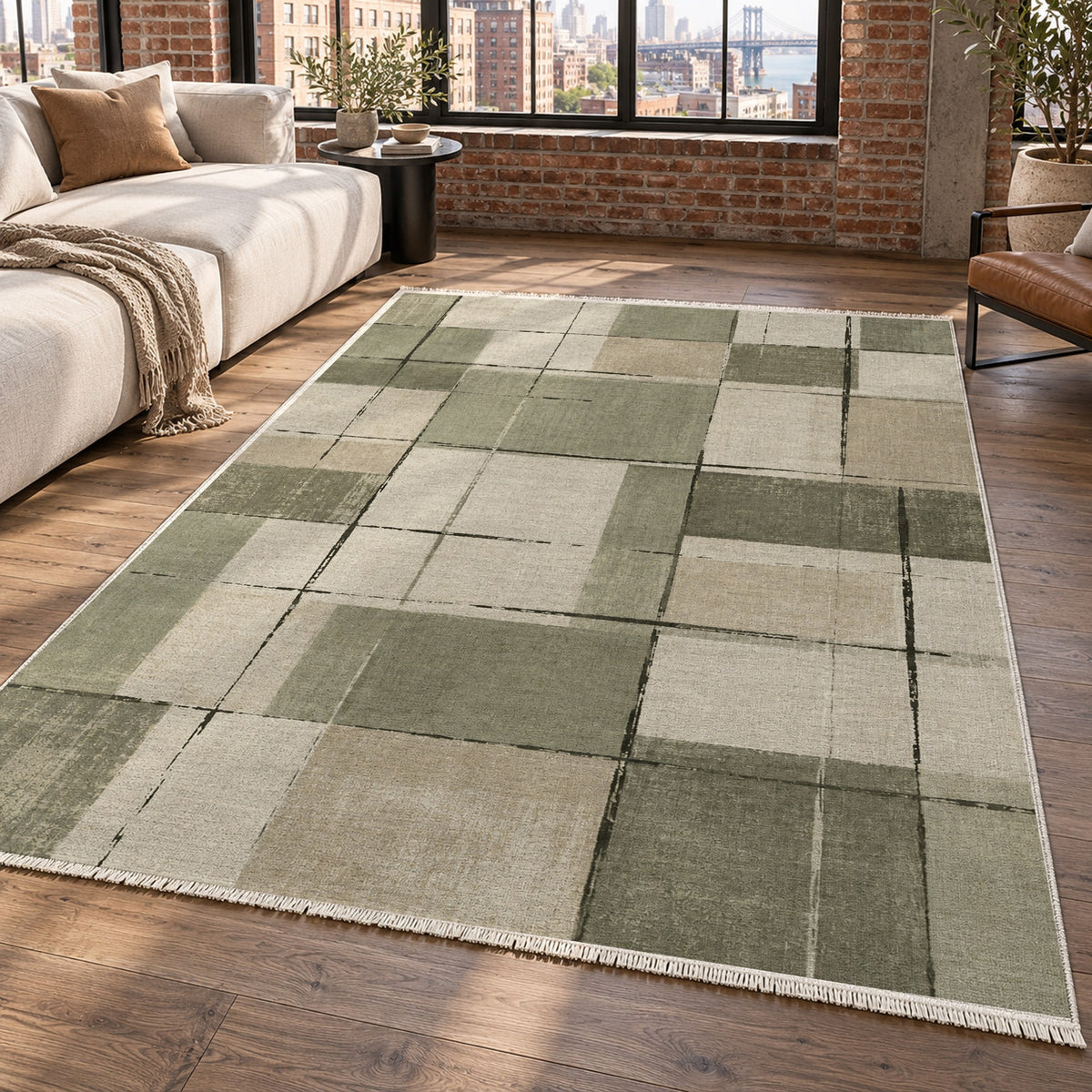 Linen Grid Sage Sand Modern Washable Rug — new york living