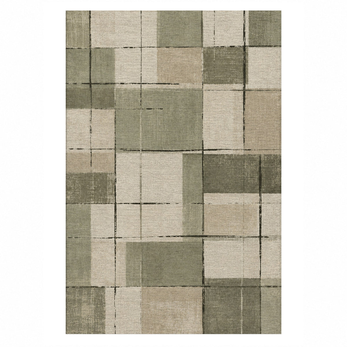 Linen Grid Sage Sand Modern Washable Rug — top view