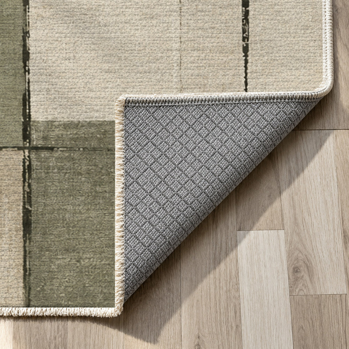 Linen Grid Sage Sand Modern Washable Rug — backing close up
