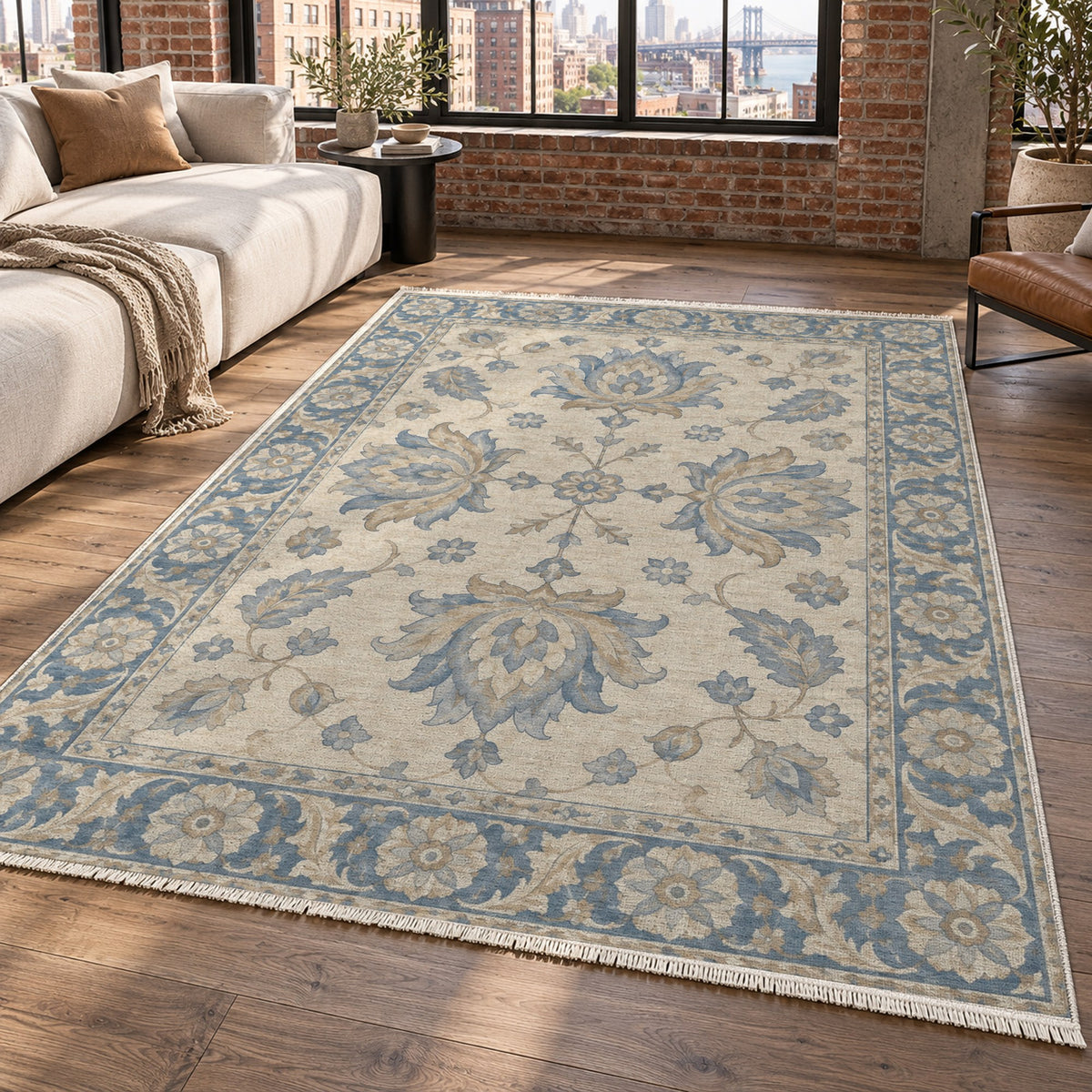 Lotus Courtyard Blue Ivory Classic Washable Rug — new york living
