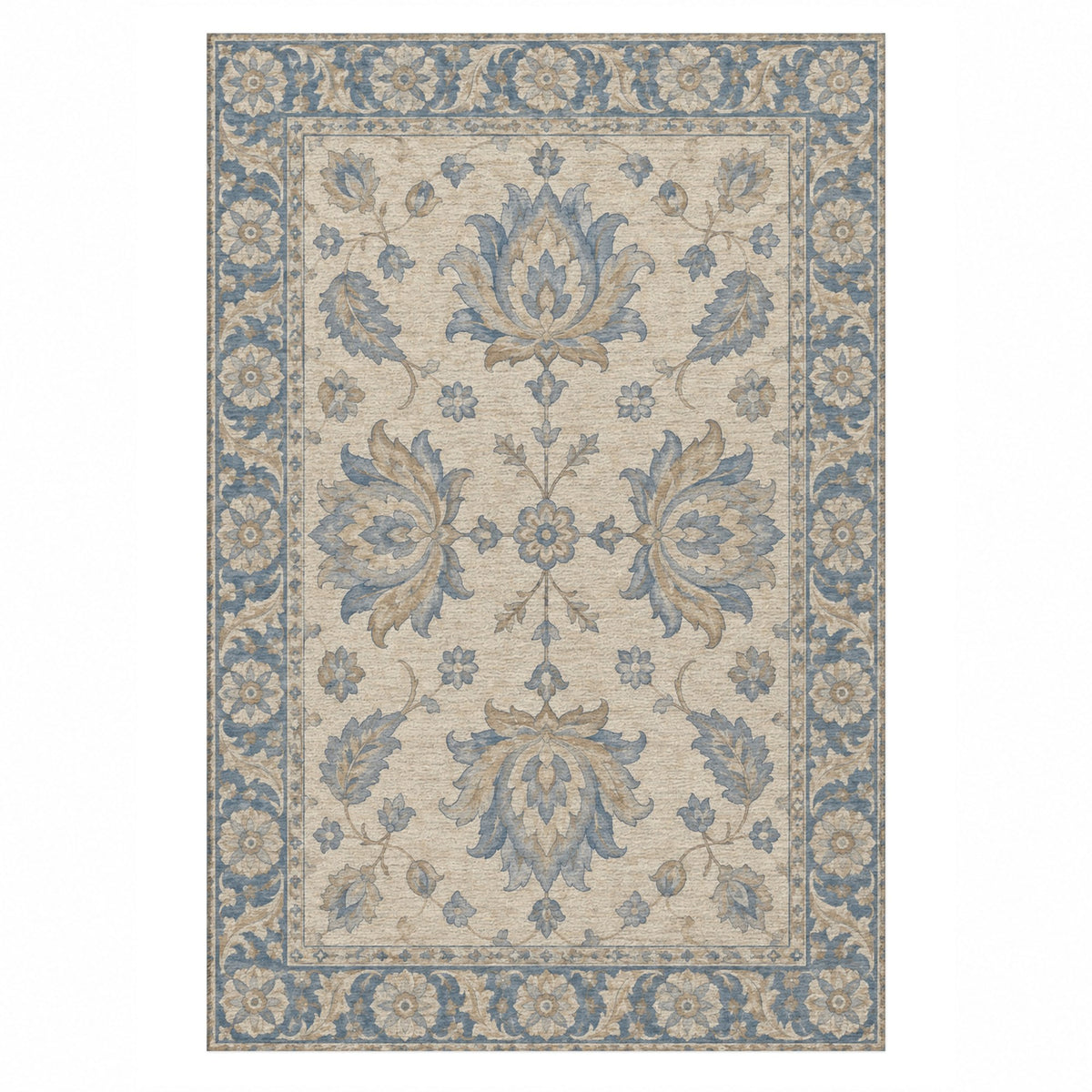 Lotus Courtyard Blue Ivory Classic Washable Rug — top view