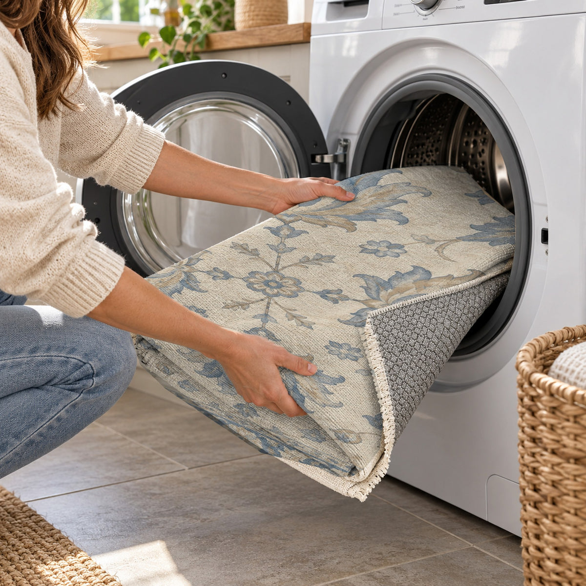 Lotus Courtyard Blue Ivory Classic Washable Rug — washing machine