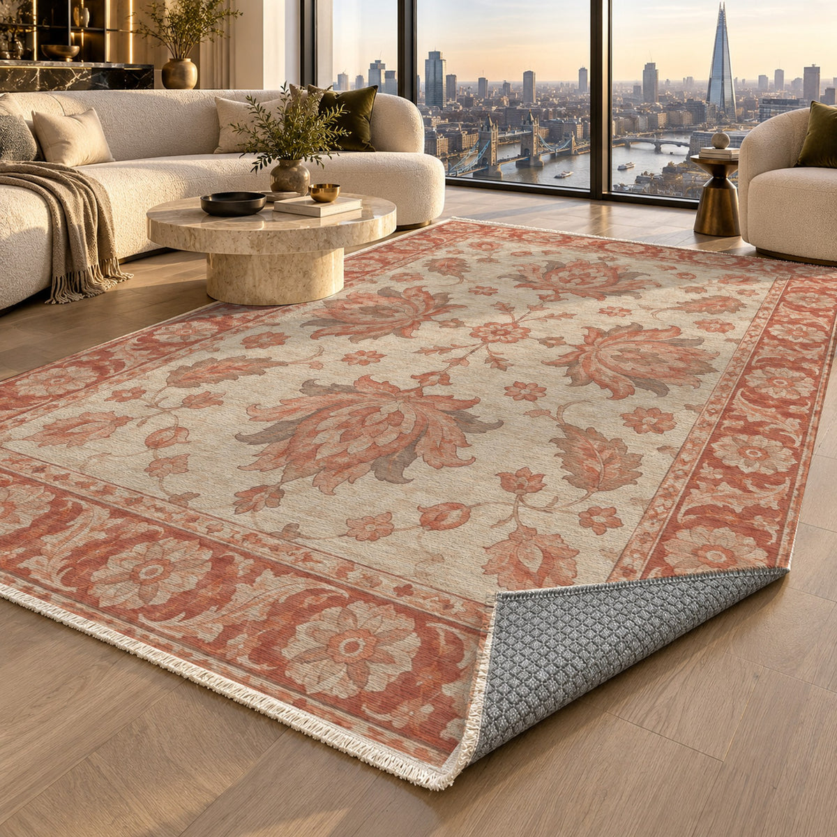 Lotus Courtyard Coral Sand Classic Washable Rug — london luxury living